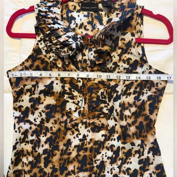 New York & Company Sleeveless Ruffle Leopard-Print Blouse - Tan & Black - Picture 8 of 9